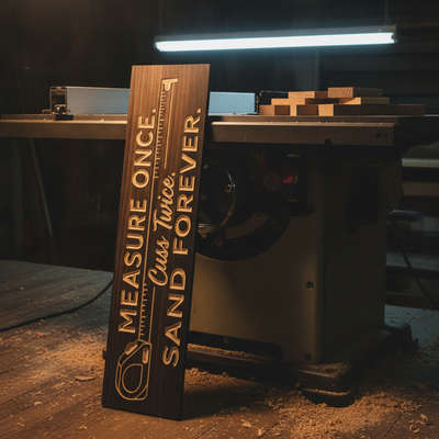 Wood Shop Sign — Measure Once, Cuss Twice, Sand Forever — styled in room — Bluegrass Gifts