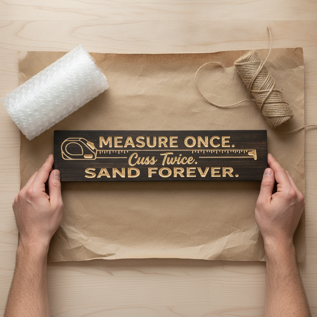 Wood Shop Sign — Measure Once, Cuss Twice, Sand Forever — gift-ready packaging — Bluegrass Gifts