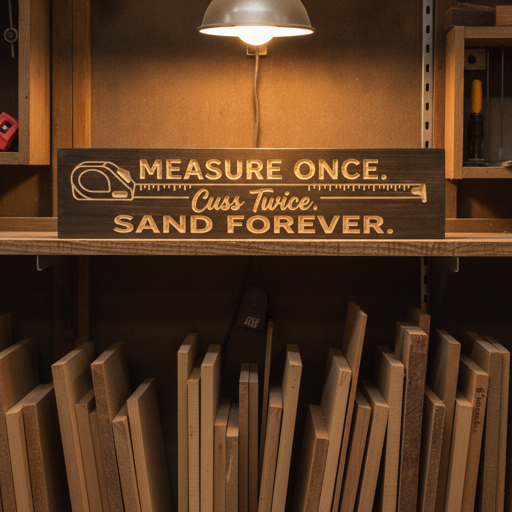 Wood Shop Sign — Measure Once, Cuss Twice, Sand Forever — product details — Bluegrass Gifts