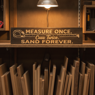 Wood Shop Sign — Measure Once, Cuss Twice, Sand Forever — product details — Bluegrass Gifts