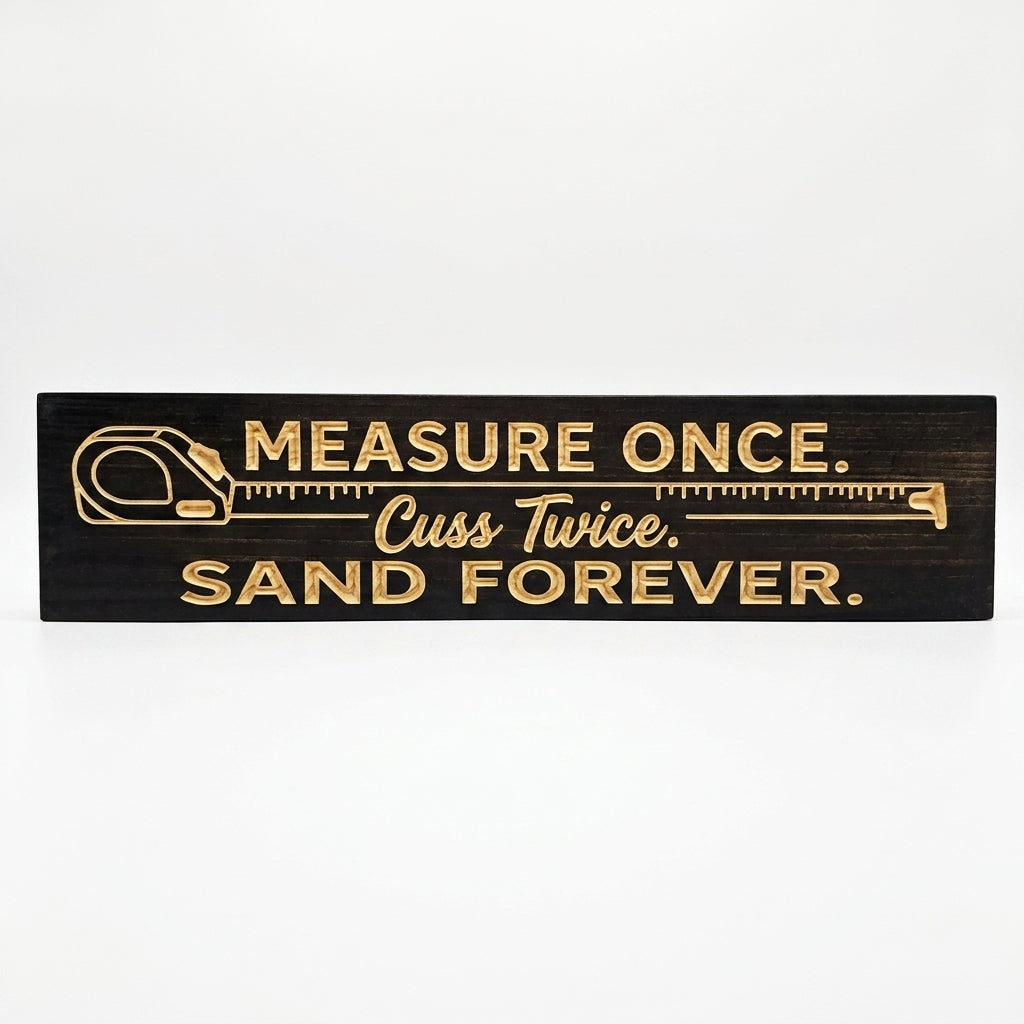 Wood Shop Sign — Measure Once, Cuss Twice, Sand Forever — carved wood sign — Bluegrass Gifts