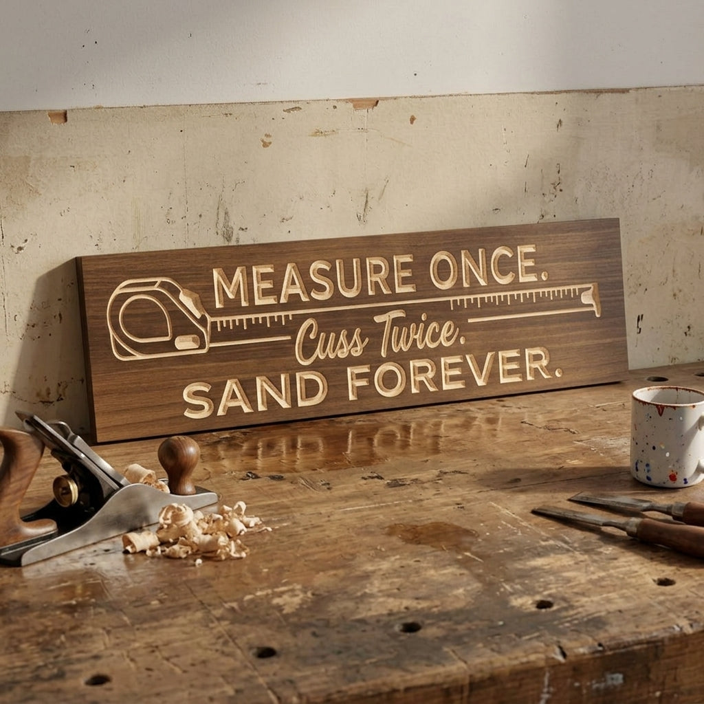 Wood Shop Sign — Measure Once, Cuss Twice, Sand Forever