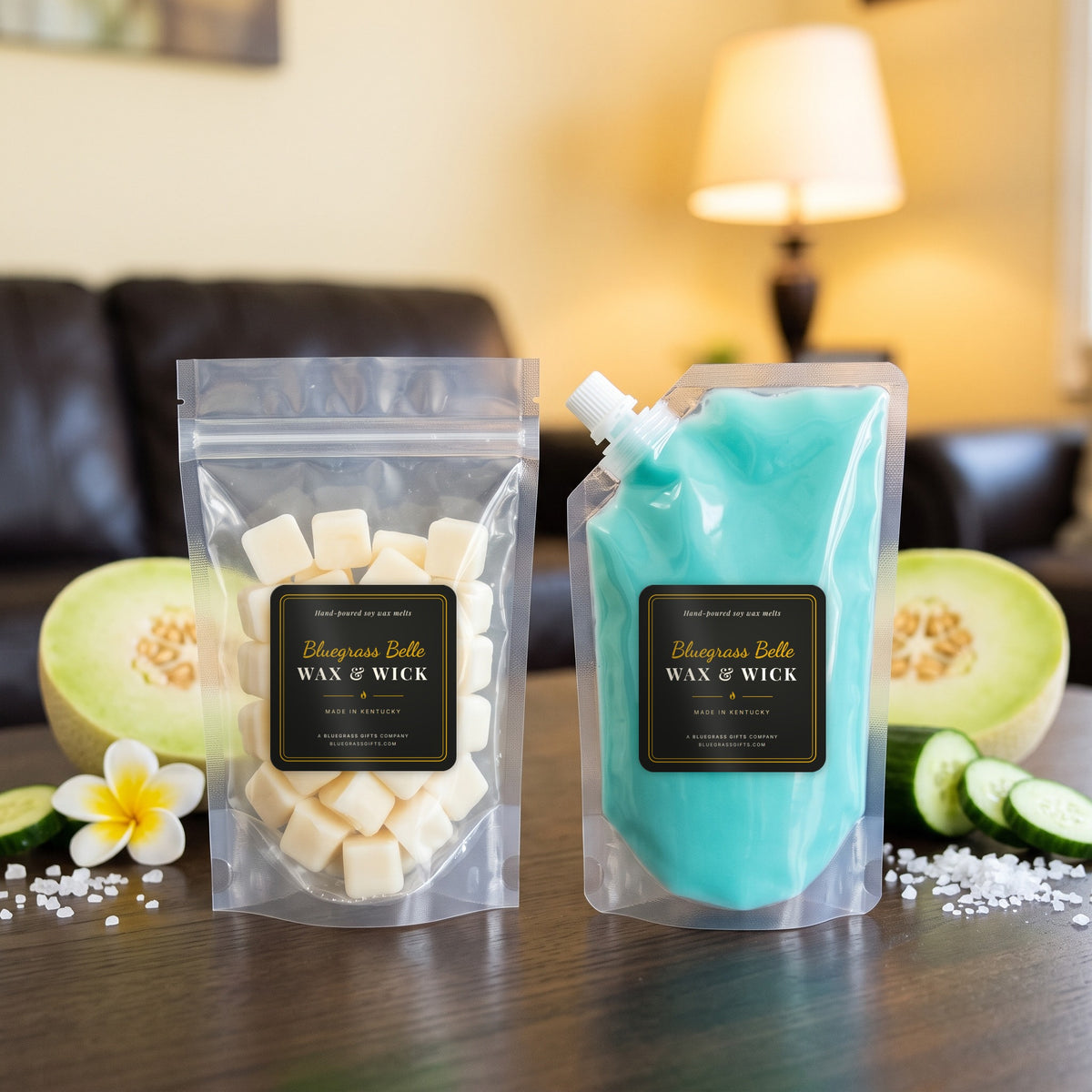Melon-choly No More squeeze wax melt pouch and wax melt tarts by Bluegrass Belle Wax & Wick