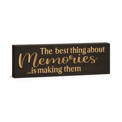 Angled view showing CNC V-carved lettering and warm natural wood grain.