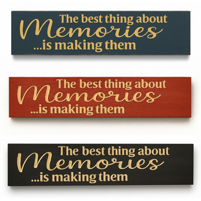 Carved memories quote sign shown in dark walnut, barn red, and midnight blue finishes.