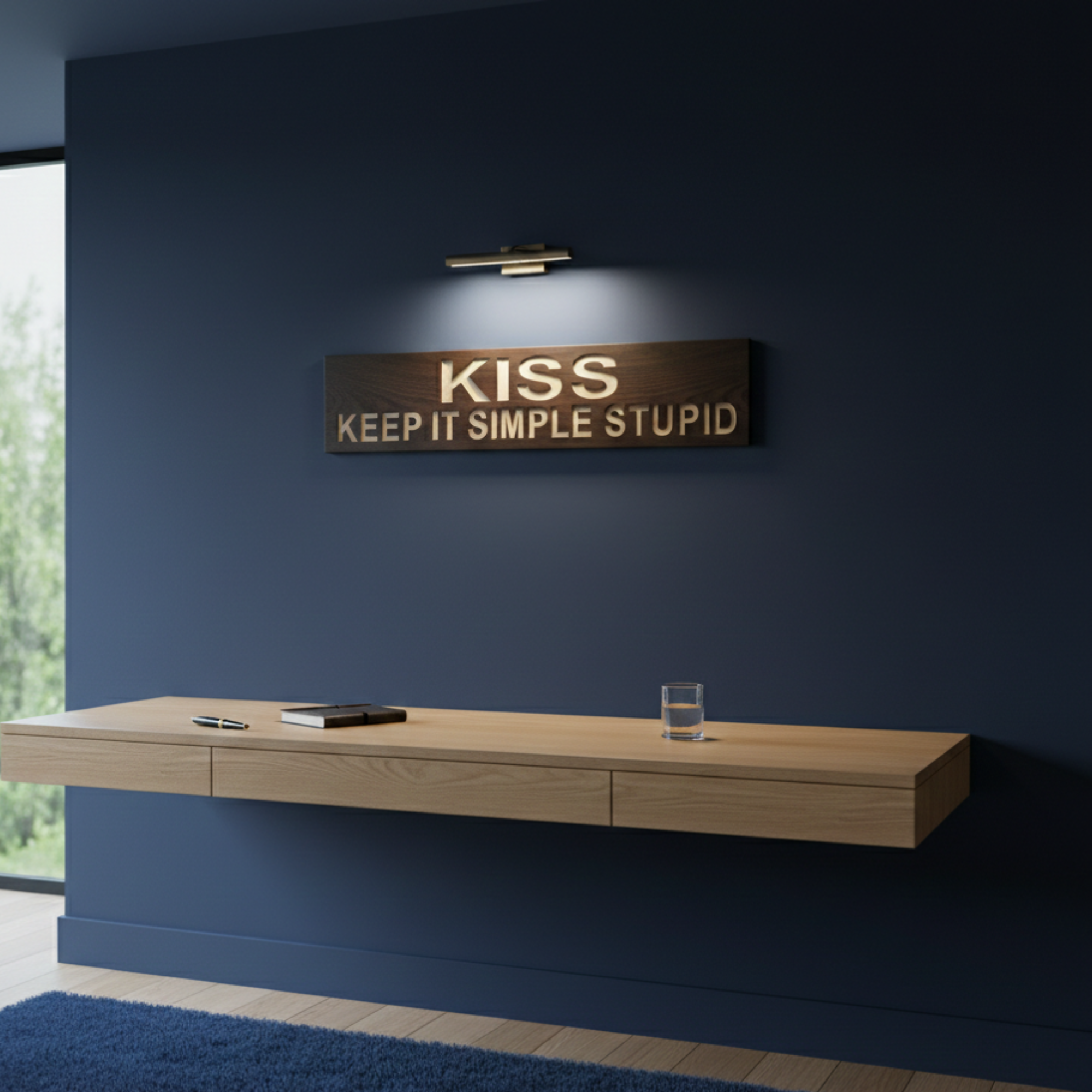 A dark walnut KISS Keep It Simple Stupid sign mounted on a navy blue wall above a minimalist floating desk, perfect for professional productivity and modern workspace aesthetics.