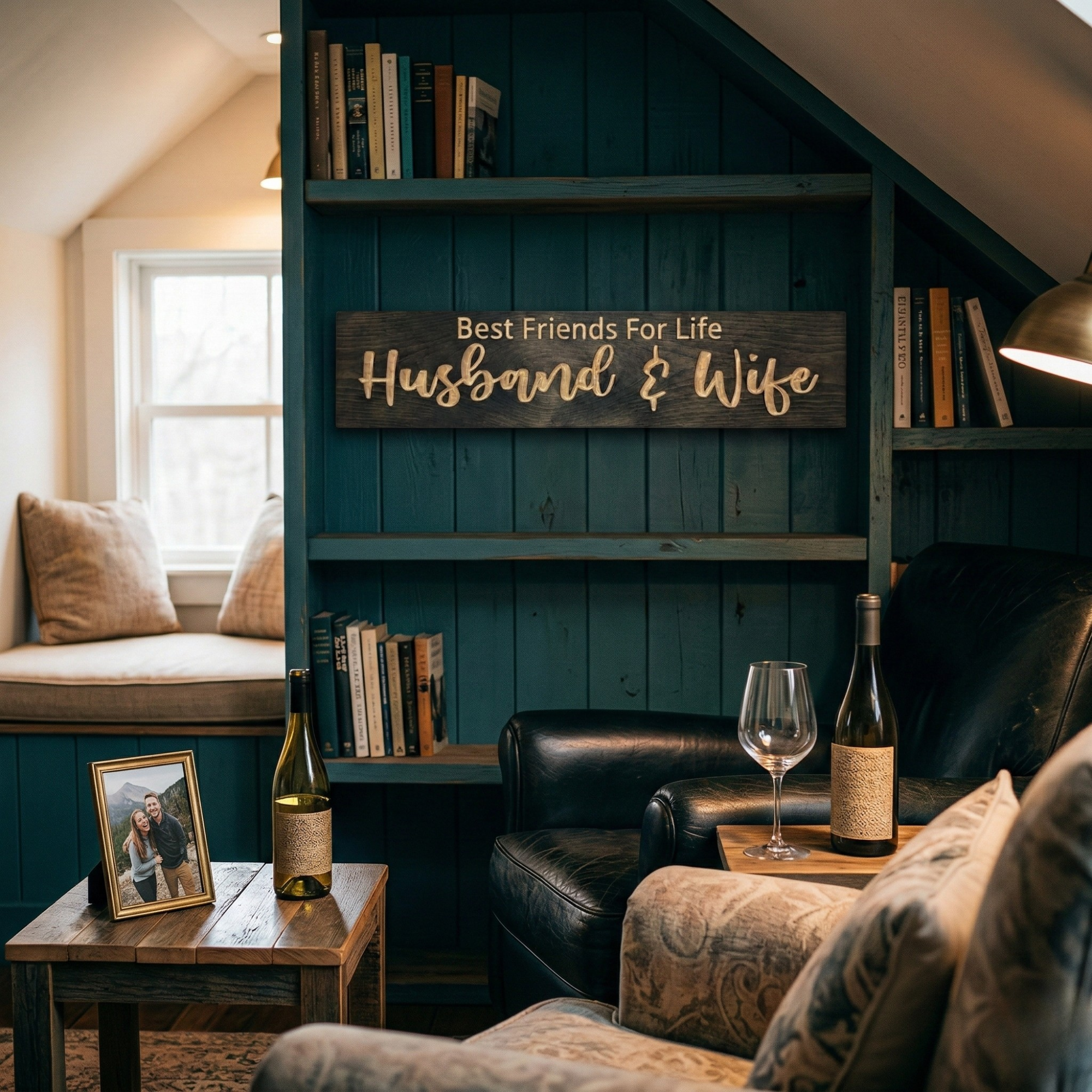 Artisanal wood sign by Bluegrass Gifts reading "Best Friends For Life Husband & Wife" hanging in a cozy, modern farmhouse lounge area with books and warm lighting.
