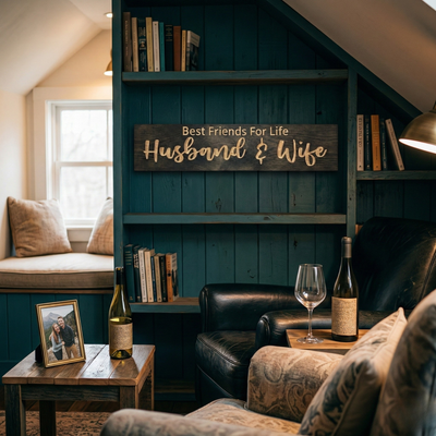 Artisanal wood sign by Bluegrass Gifts reading "Best Friends For Life Husband & Wife" hanging in a cozy, modern farmhouse lounge area with books and warm lighting.