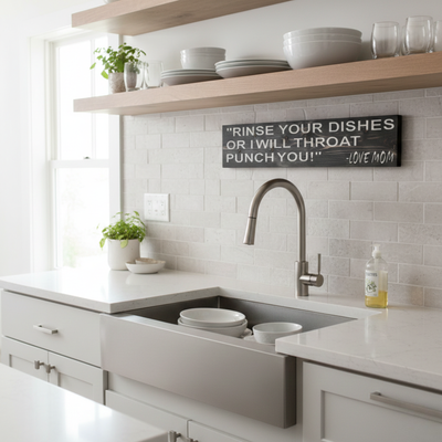 "Rinse Your Dishes Or I Will Throat Punch You!" carved wood sign displayed in a bright, modern kitchen above a stainless sink.