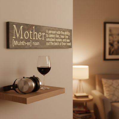 Dark Walnut Mother definition sign styled on a wall above a floating shelf with a glass of wine and headphones, demonstrating versatile home styling.