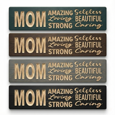 "Four Bluegrass Gifts 'MOM: Amazing, Loving, Strong' carved wood signs displayed in different finish options: teal, dark walnut, weathered gray, and black."