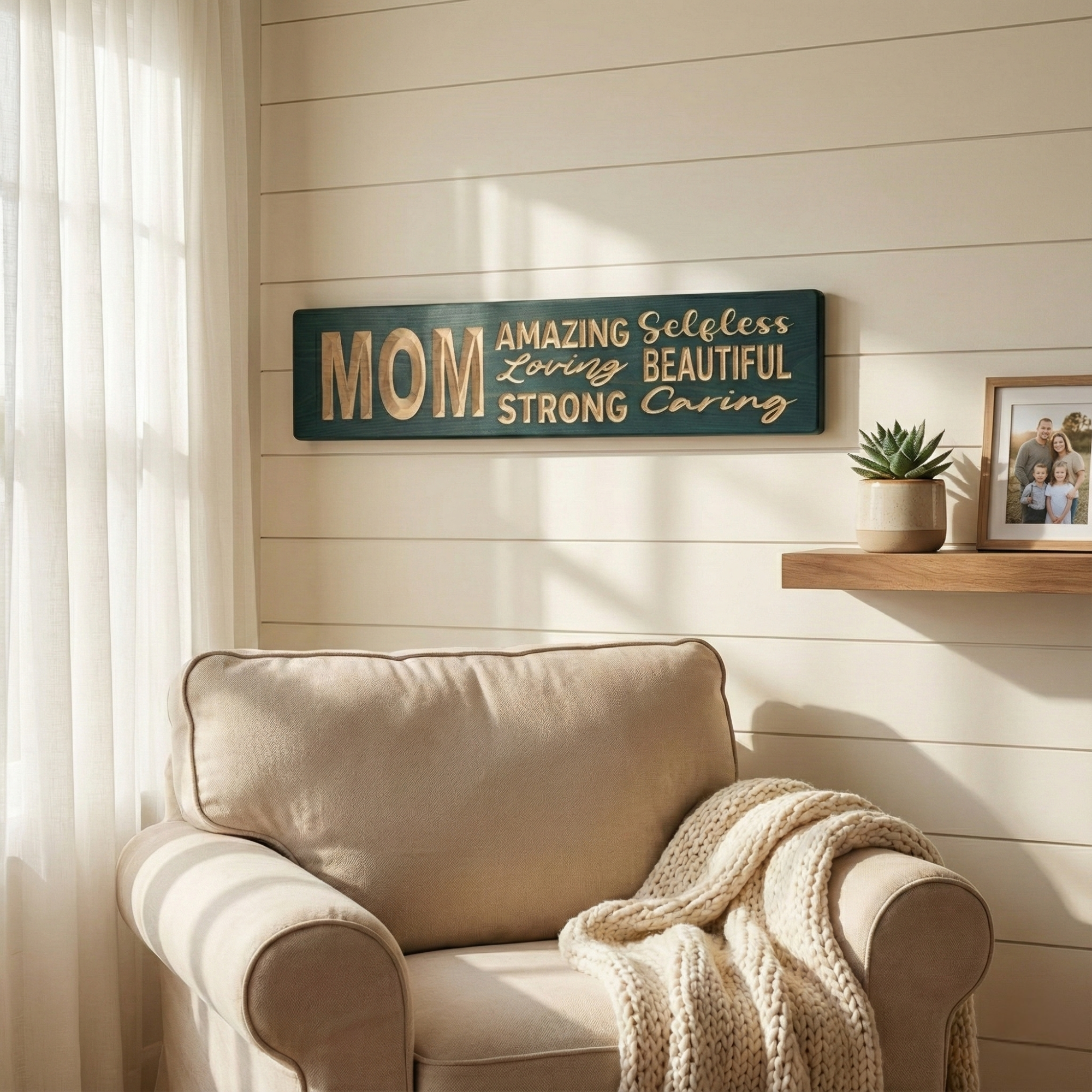 "Bluegrass Gifts 'MOM' carved wooden sign in a teal finish hanging above a cozy armchair in a sunlit living room, complementing modern farmhouse decor."