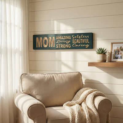 "Bluegrass Gifts 'MOM' carved wooden sign in a teal finish hanging above a cozy armchair in a sunlit living room, complementing modern farmhouse decor."