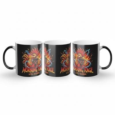 Funny black Magic Mug with angry rooster graphic and 'Morning Rage Level: Maximum' text revealed by hot coffee. Perfect gift for morning haters and coffee lovers.
