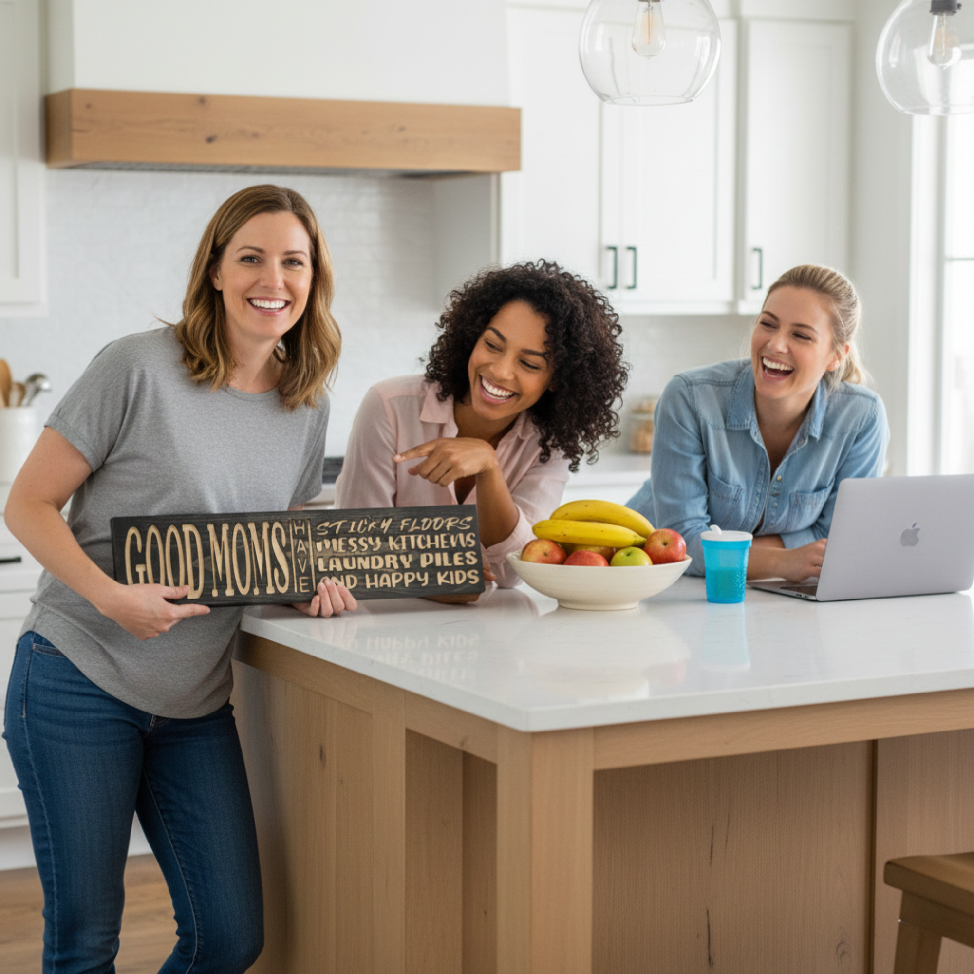 Three smiling women in a modern kitchen holding the Good Moms Have Sticky Floors carved sign as a meaningful gift.