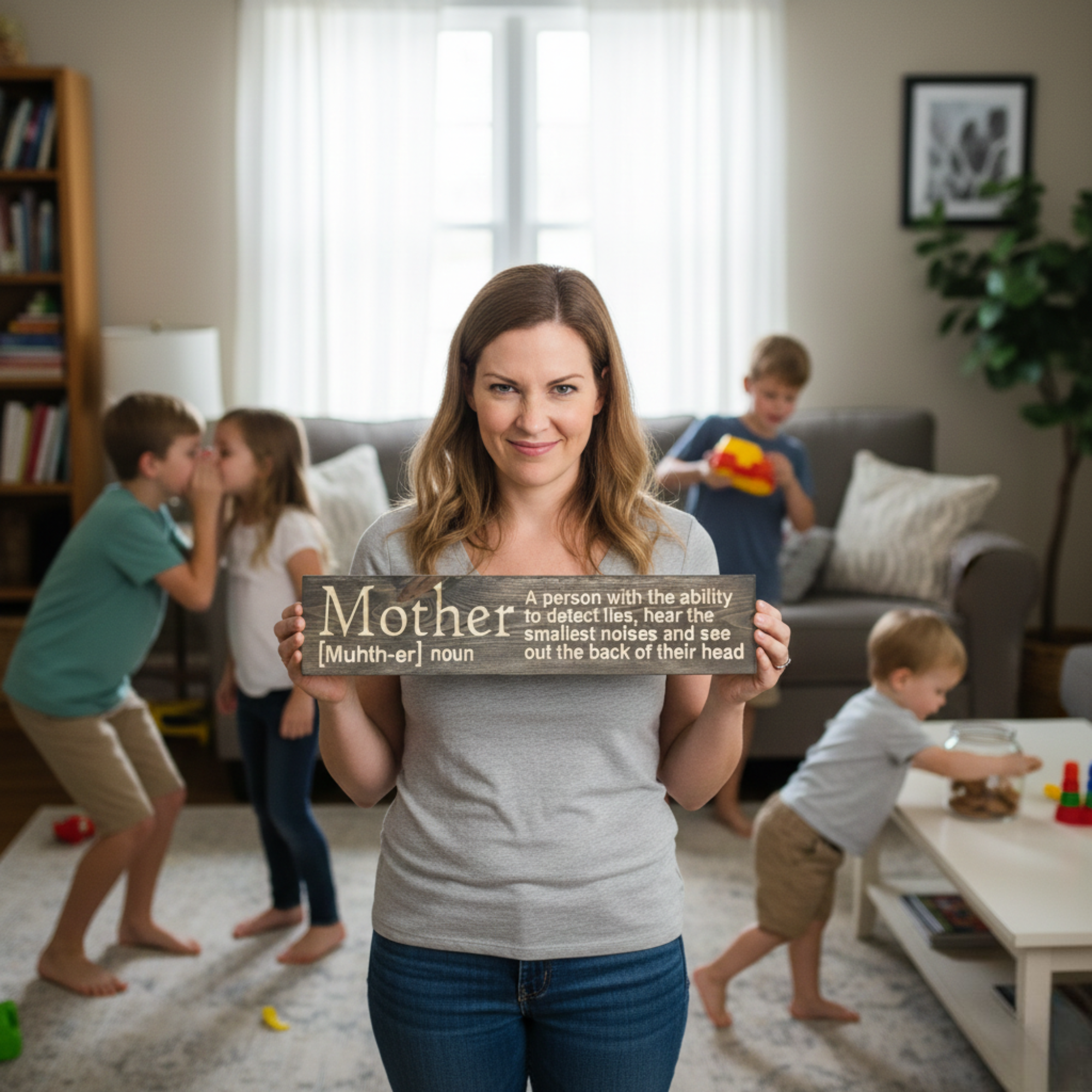 A mother holding the 'Mother Definition' sign in a living room with children, showcasing its use as a relatable family home decor piece.