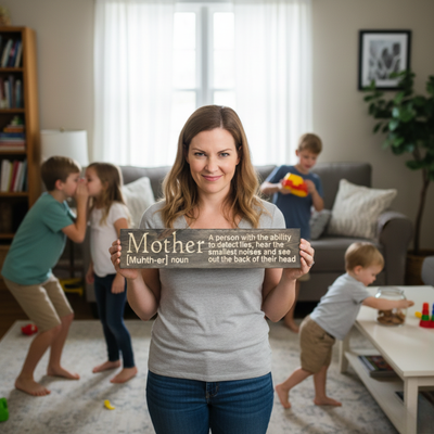A mother holding the 'Mother Definition' sign in a living room with children, showcasing its use as a relatable family home decor piece.