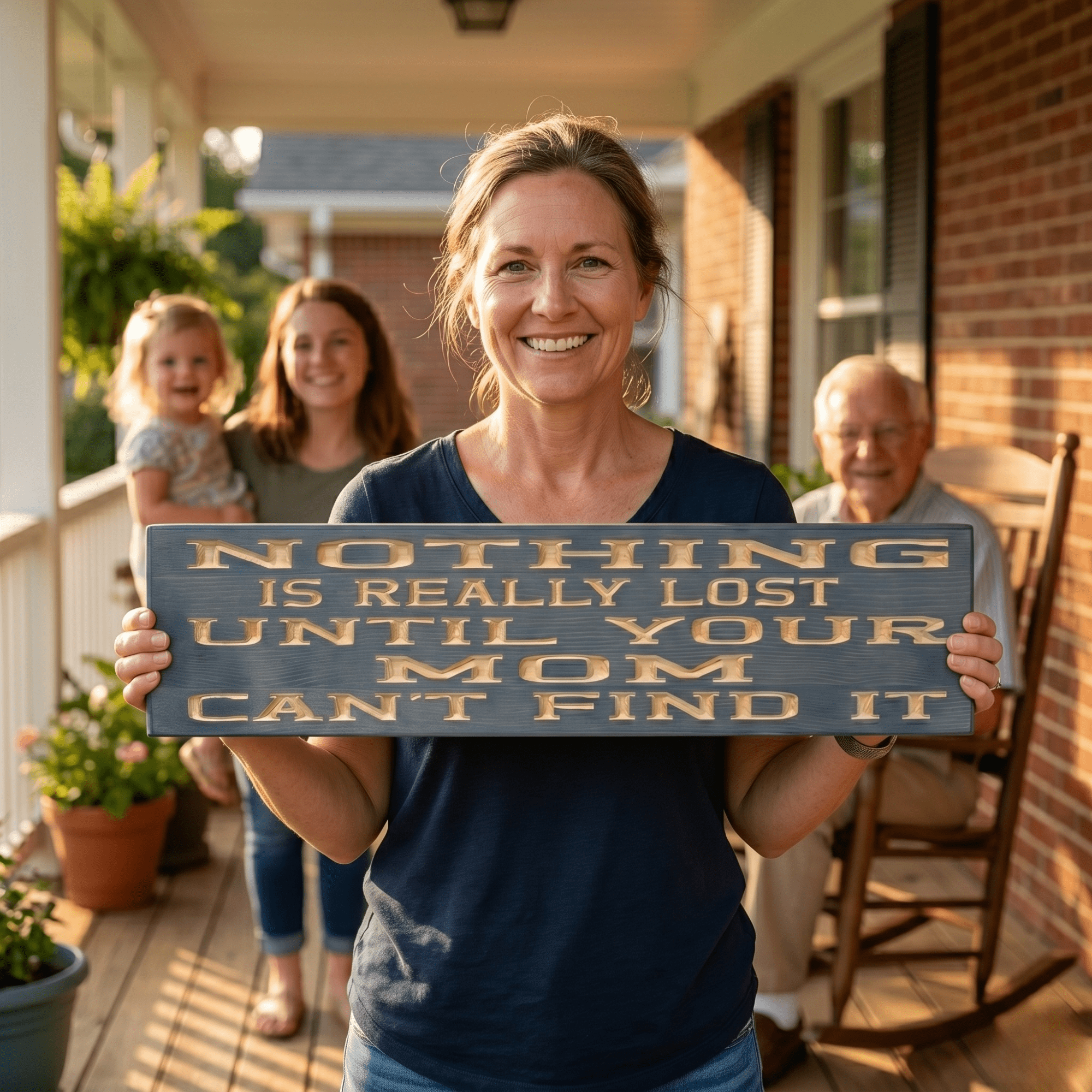 Smiling mom holding a funny "Nothing is really lost until your mom can't find it" wood sign on a Southern porch with three generations of family behind her — a perfect Mother's Day gift.