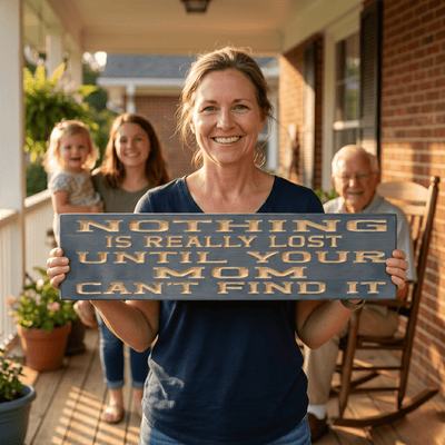 Smiling mom holding a funny "Nothing is really lost until your mom can't find it" wood sign on a Southern porch with three generations of family behind her — a perfect Mother's Day gift.