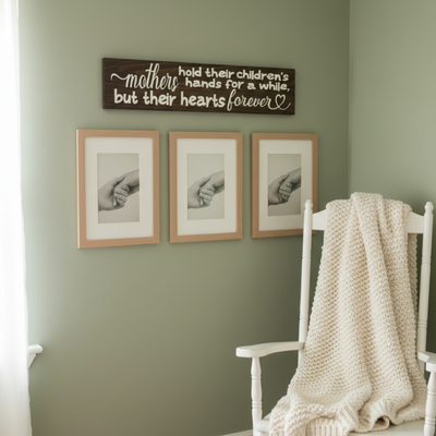 Carved wood mother's quote sign displayed in a sage green nursery above framed family photos and a rocking chair.