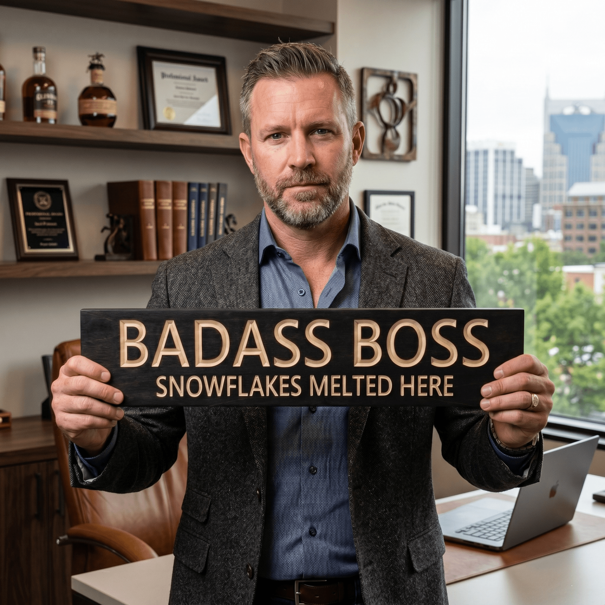 Executive holding a CNC-carved motivational boss gift sign in a downtown office.