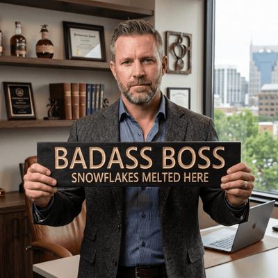 Executive holding a CNC-carved motivational boss gift sign in a downtown office.