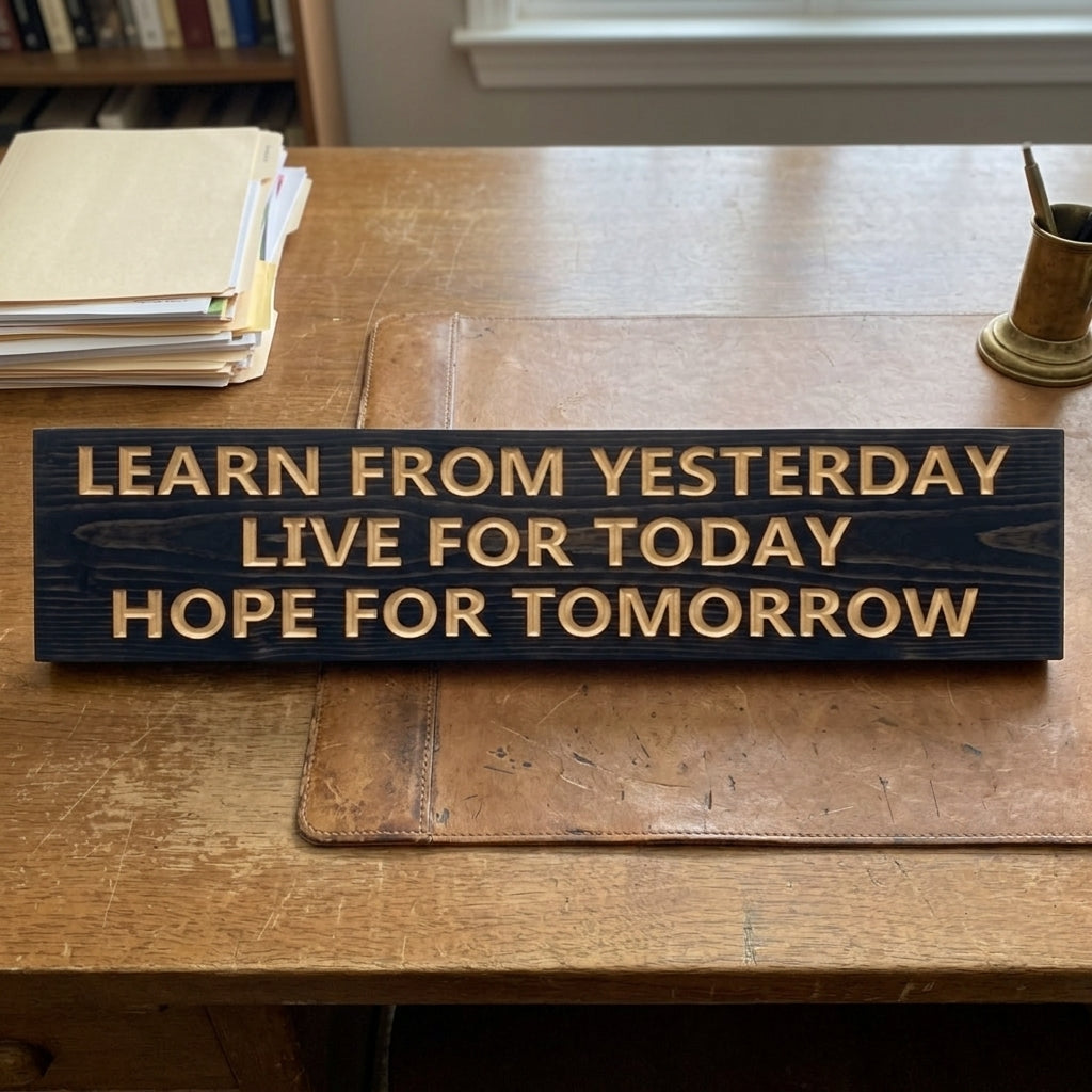 A dark wood Motivational Quotes Wall Art sign sits on a rustic wooden desk with papers and a pen holder from Bluegrass Gifts