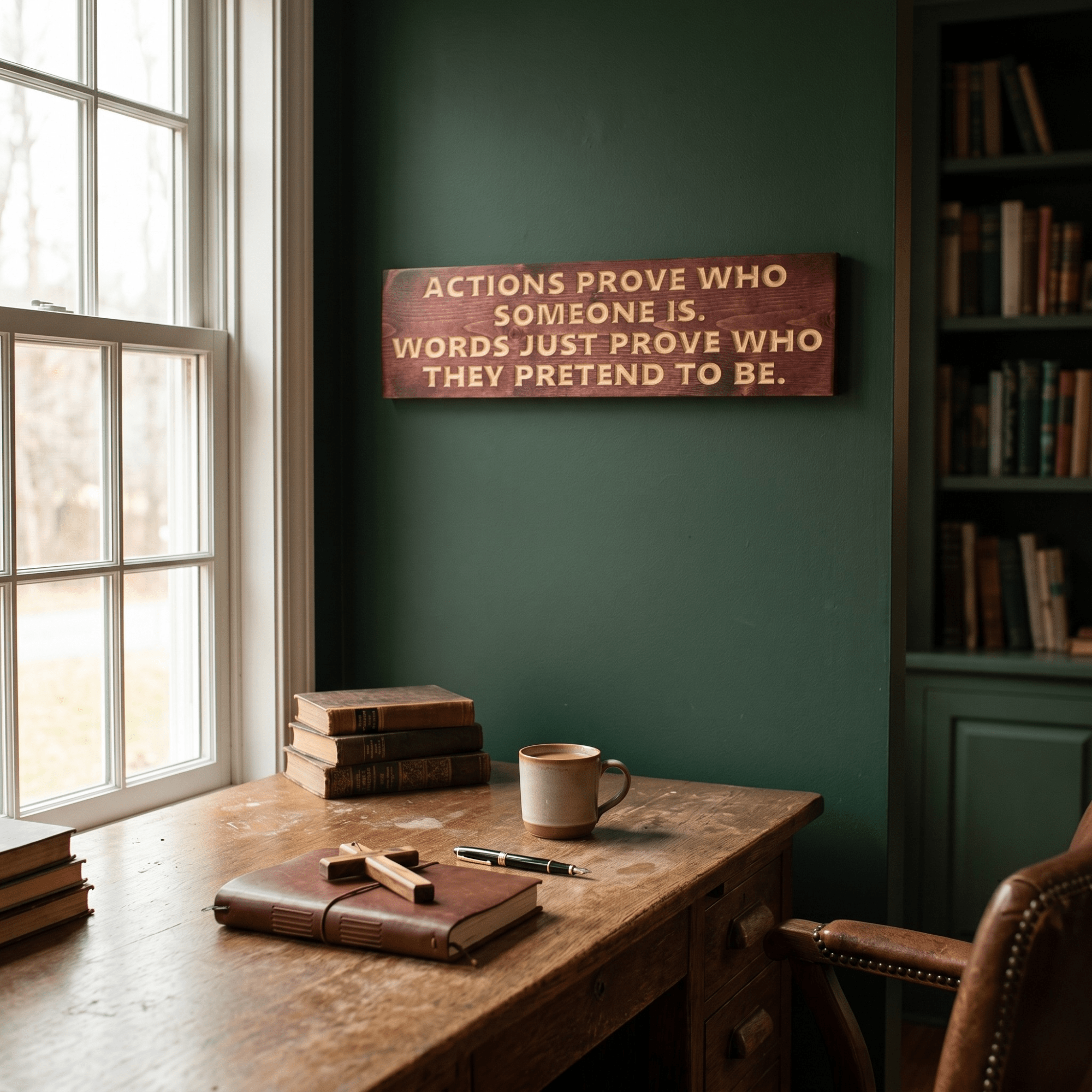Motivational wood sign reading "Actions Prove Who Someone Is" hung above a vintage wooden desk with leather journal, fountain pen, and stacked books in a green home office — a thoughtful integrity gift for mentors and leaders.