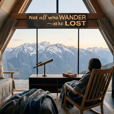 A "Not all who wander are lost" sign displayed in a modern A-frame mountain cabin with a scenic snowy view.
