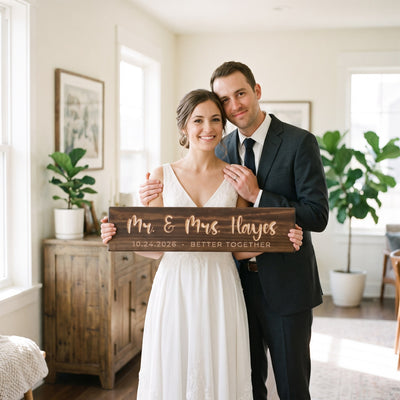 A smiling bride in her late twenties in a simple white dress standing in a sunlit room holds a personalized wood sign that reads Mr. & Mrs. Hayes