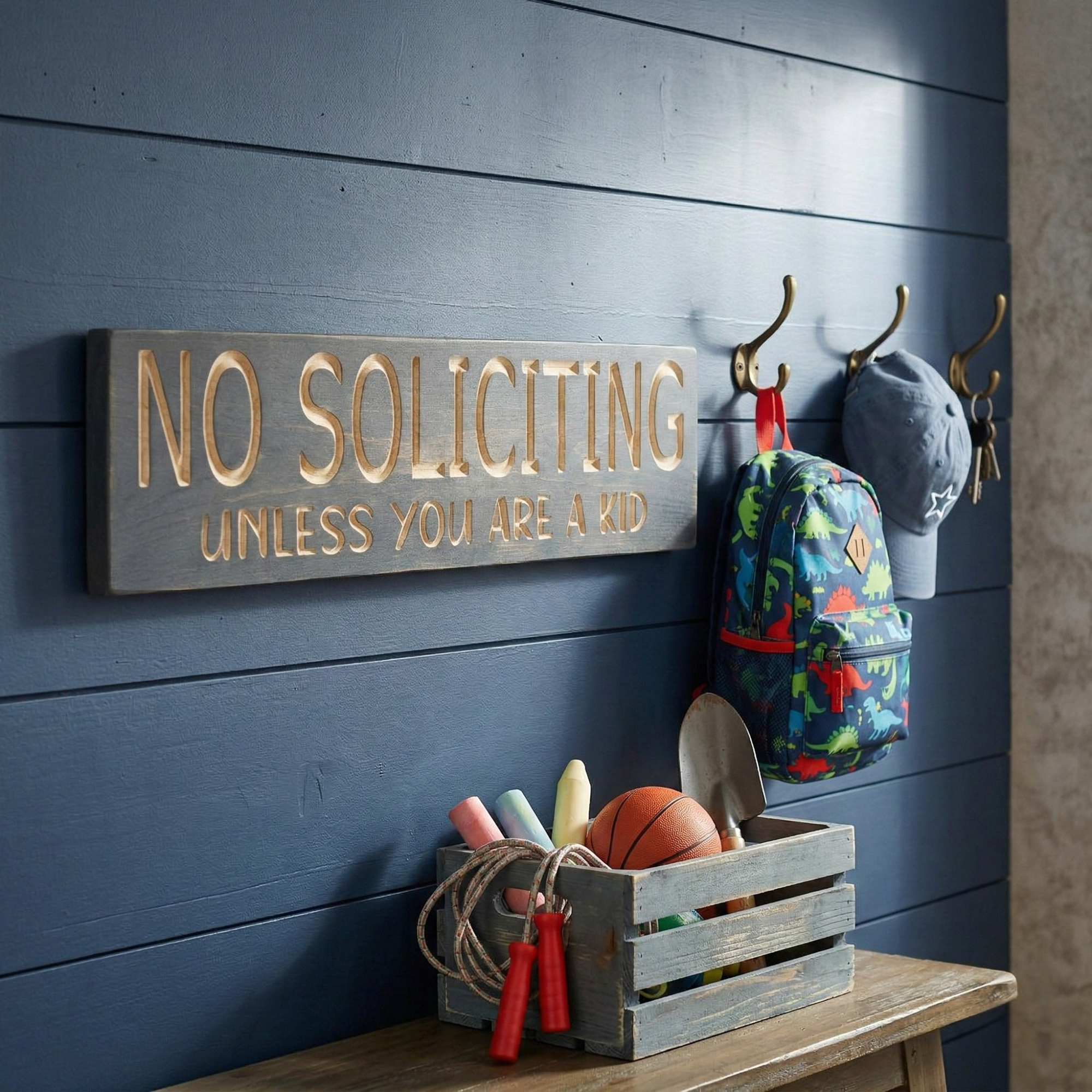 Lifestyle image of the wood sign mounted on a navy accent wall in a mudroom next to a child's backpack and outdoor toys.