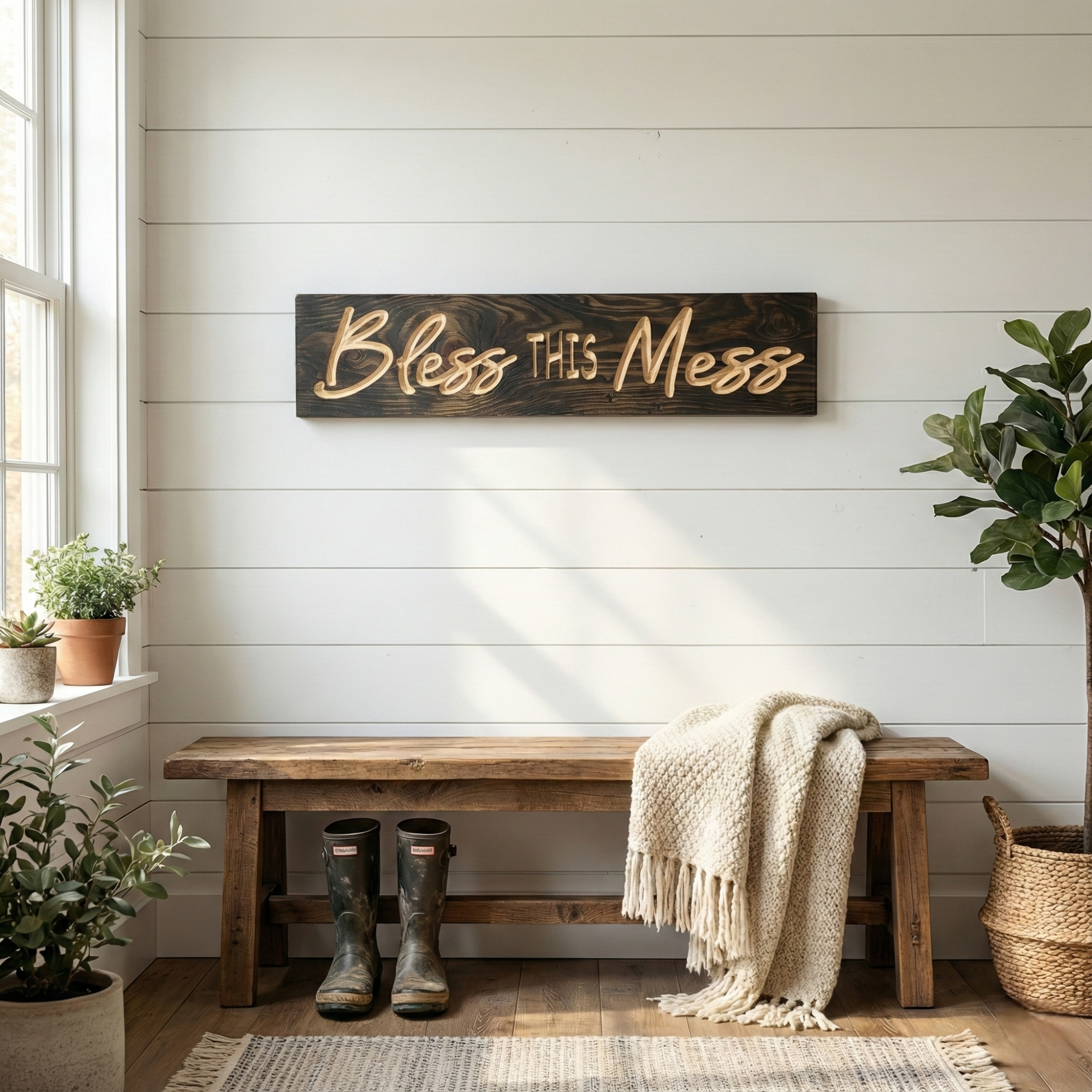 Modern farmhouse mudroom featuring a carved "Bless This Mess" sign hanging above a rustic wooden bench.