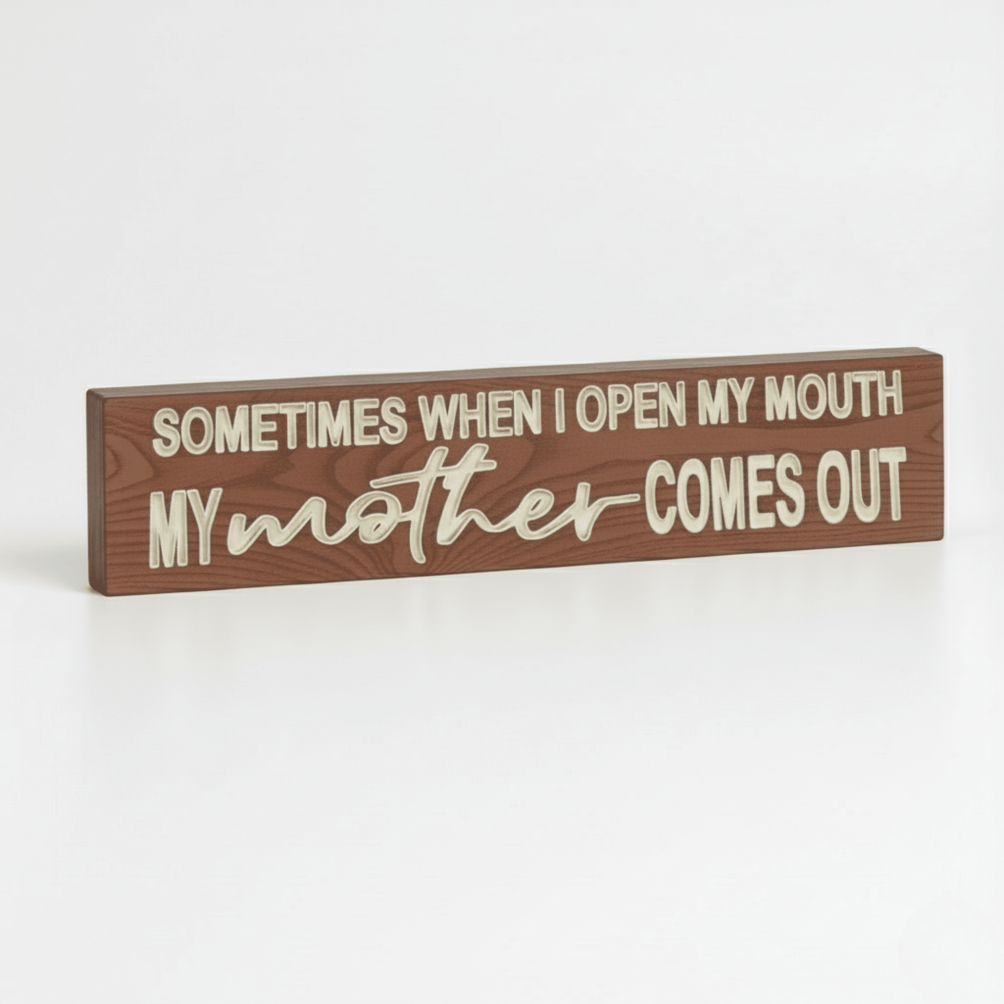 cnc-carved-wood-sign-close-up-detail - my mother comes out carved wood sign by Bluegrass Gifts, handmade in Kentucky