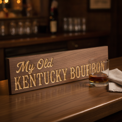 Pub Decor — My Old Kentucky Bourbon Carved Wood Sign — styled in room — Bluegrass Gifts