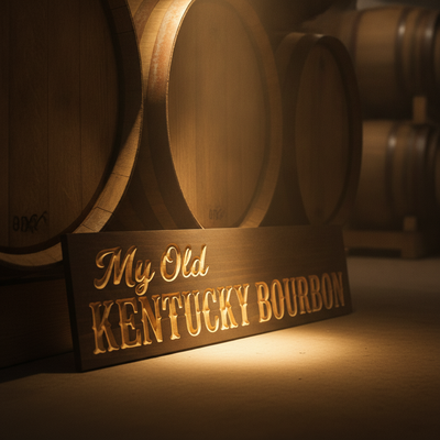 Pub Decor — My Old Kentucky Bourbon Carved Wood Sign — styled in room — Bluegrass Gifts