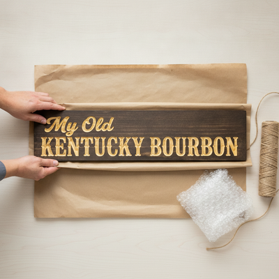 Pub Decor — My Old Kentucky Bourbon Carved Wood Sign — gift-ready packaging — Bluegrass Gifts