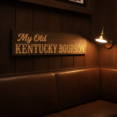 Pub Decor — My Old Kentucky Bourbon Carved Wood Sign — styled on wall — Bluegrass Gifts