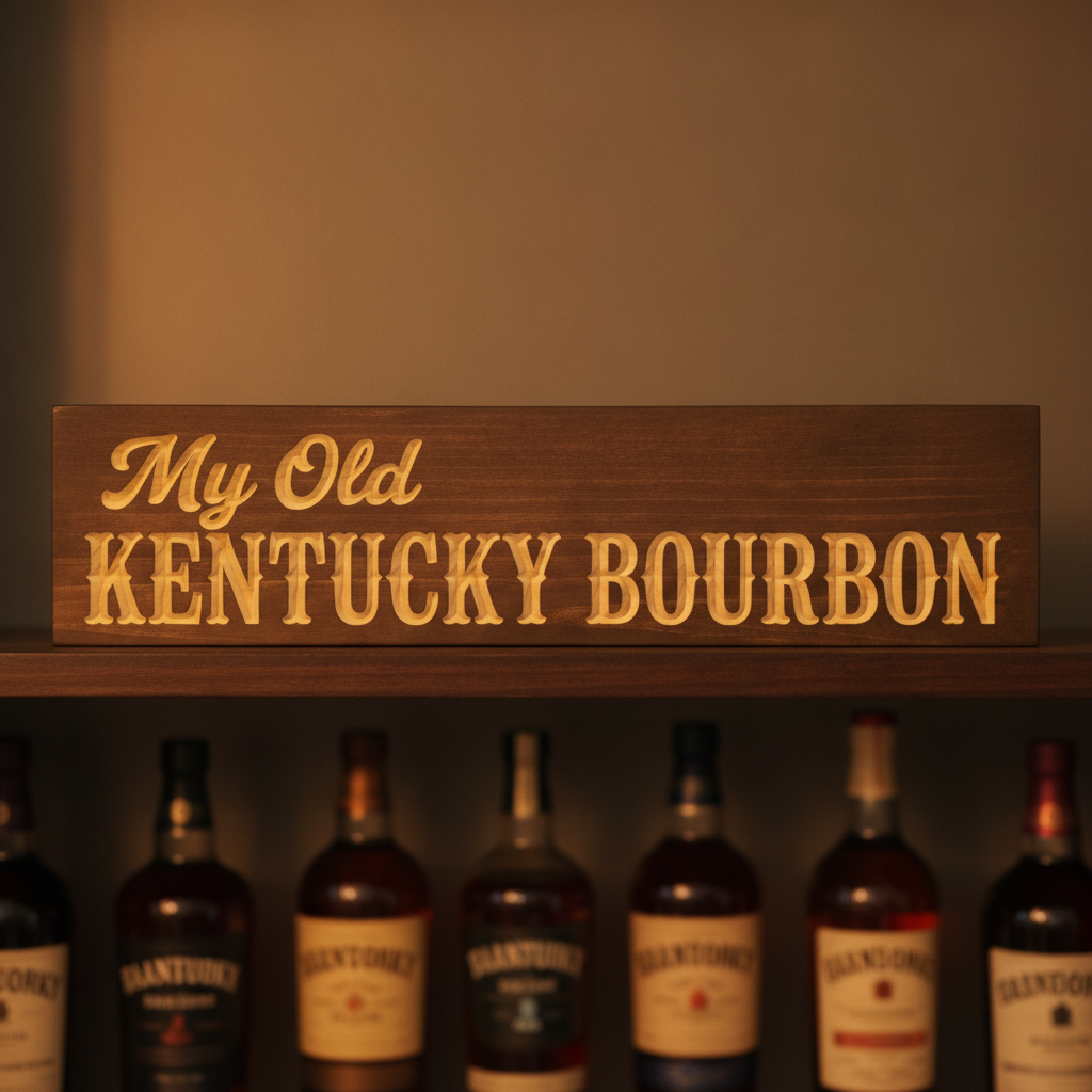 Pub Decor — My Old Kentucky Bourbon Carved Wood Sign — product details — Bluegrass Gifts