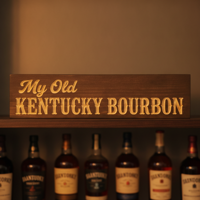 Pub Decor — My Old Kentucky Bourbon Carved Wood Sign — product details — Bluegrass Gifts