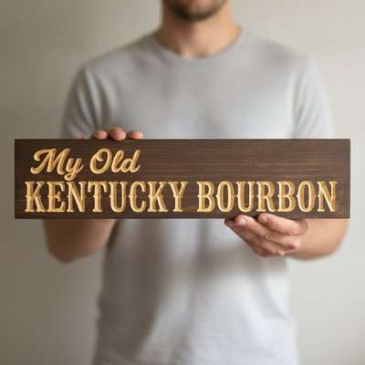 Pub Decor — My Old Kentucky Bourbon Carved Wood Sign — shown to scale, held — Bluegrass Gifts