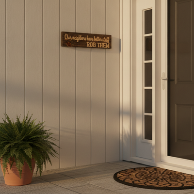 Funny Neighbor Sign — Our Neighbors Have Better Stuff — styled in room — Bluegrass Gifts