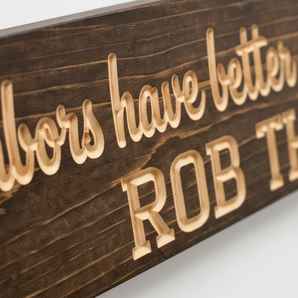 Funny Neighbor Sign — Our Neighbors Have Better Stuff — carved lettering detail — Bluegrass Gifts