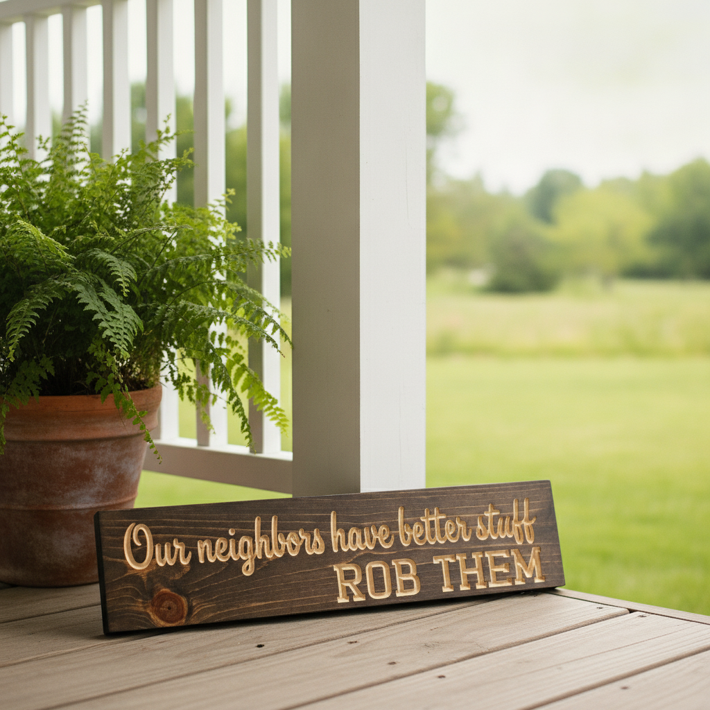 Funny Neighbor Sign — Our Neighbors Have Better Stuff — styled in room — Bluegrass Gifts