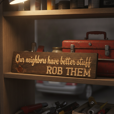Funny Neighbor Sign — Our Neighbors Have Better Stuff — styled in room — Bluegrass Gifts