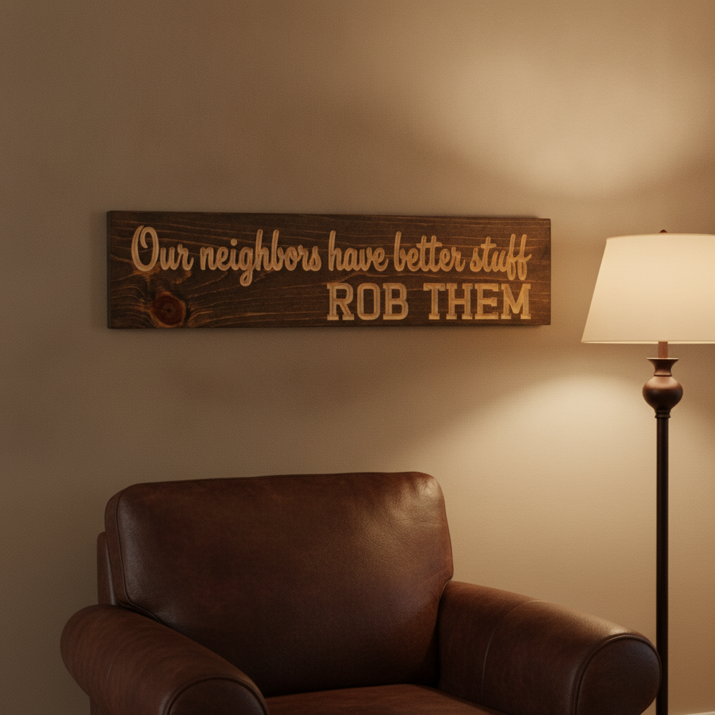 Funny Neighbor Sign — Our Neighbors Have Better Stuff — styled on wall — Bluegrass Gifts