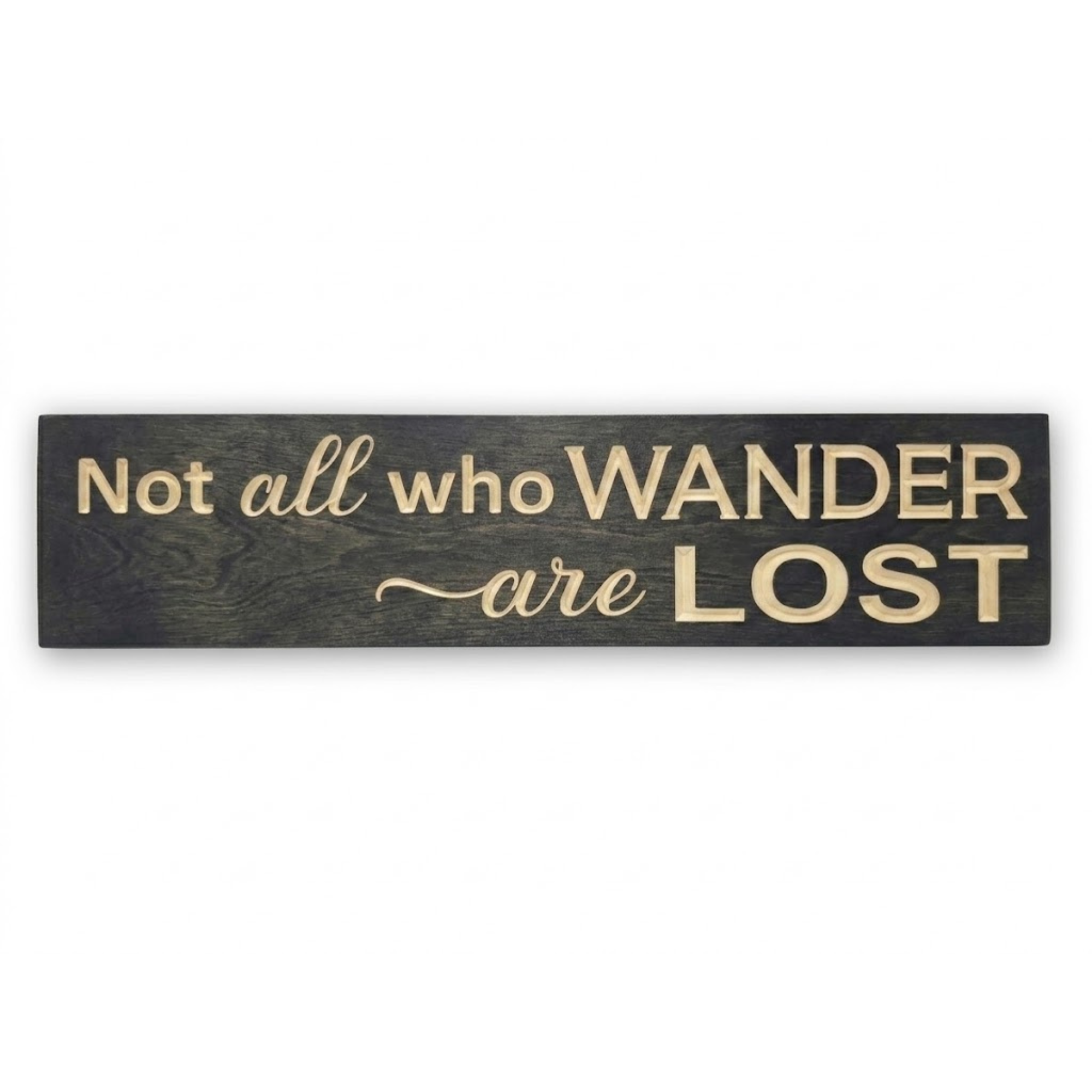 High-resolution view of a "Not all who wander are lost" solid wood sign with deep 3D CNC carving and a Dark Walnut finish.