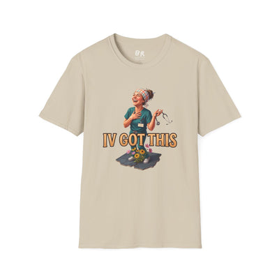 The front of a plain beige Nurse Shirt - IV Got This is shown, laid flat with the nurse design centered