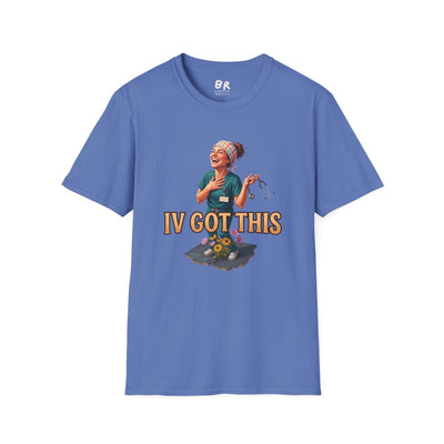A front view of the blue Nurse Shirt - IV Got This, featuring the nurse graphic, laid flat on a white background
