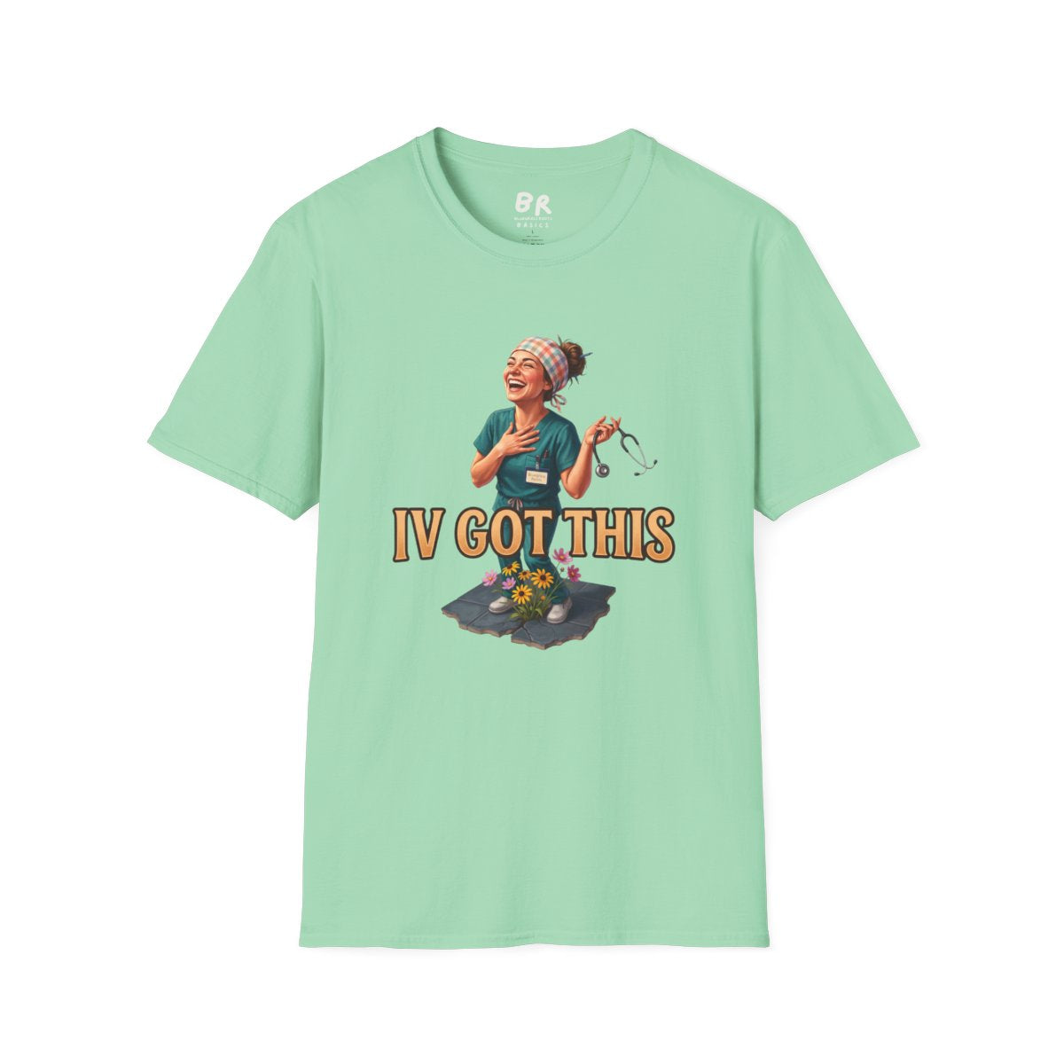 A light mint green Nurse Shirt - IV Got This, featuring a joyful nurse illustration on the front
