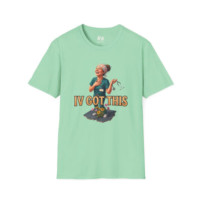 A light mint green Nurse Shirt - IV Got This, featuring a joyful nurse illustration on the front